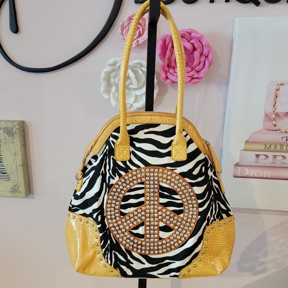 Vintage Y2K Zebra Print with Rhinestone Peace Sign